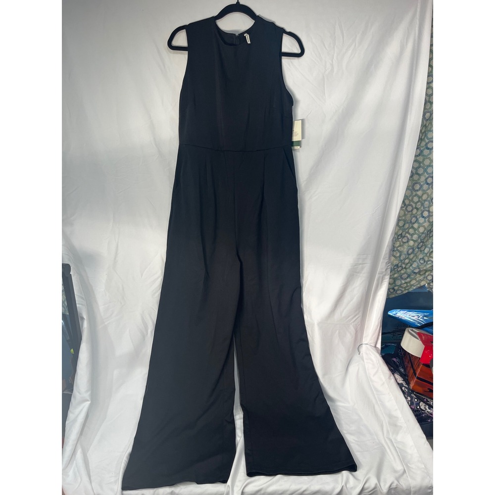 Halara Black Sleeveless Wide Leg Jumpsuit Large L Pleated Round Neck Pockets NWT
